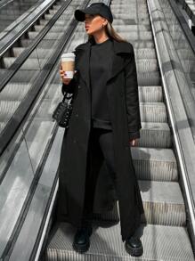 SHEIN Cottnline معطف خندقي مزدوج الصدر بياقة قابلة للطي للنساء - الأسود - مشاهدة 1