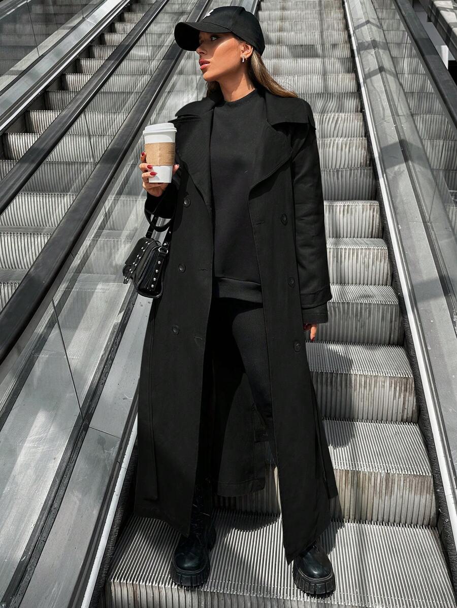 SHEIN Cottnline معطف خندقي مزدوج الصدر بياقة قابلة للطي للنساء - الأسود - مشاهدة 1