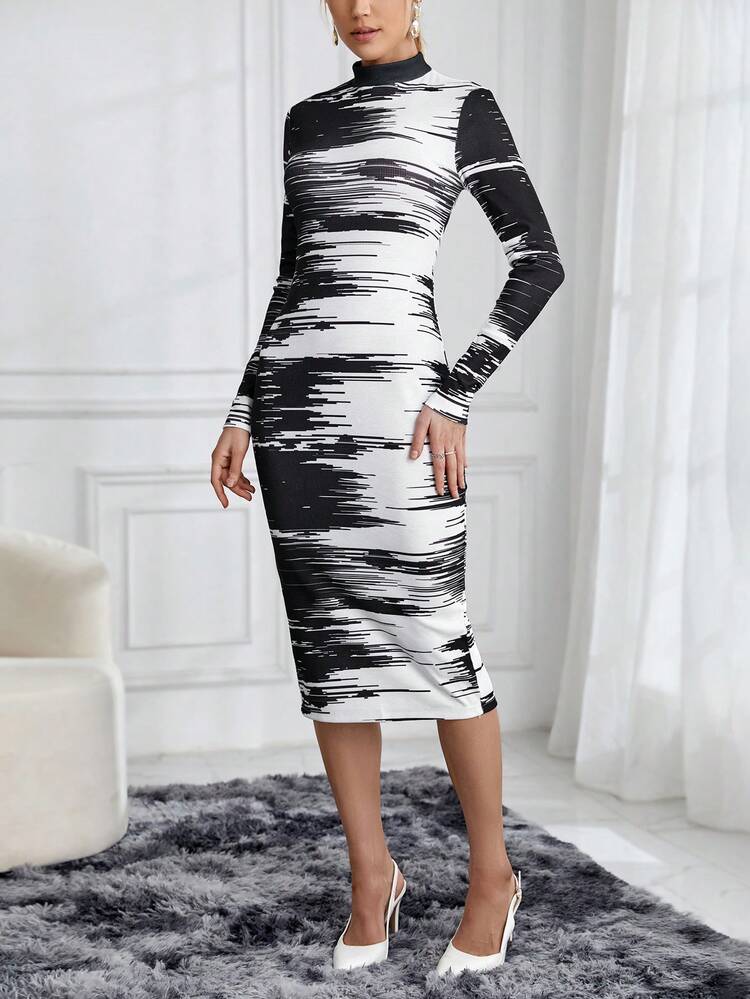Stand Collar Long Sleeve Colorblock Dress