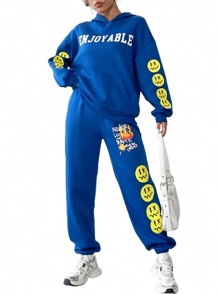 Letter Graphic Drop Shoulder Hoodie & Sweatpants