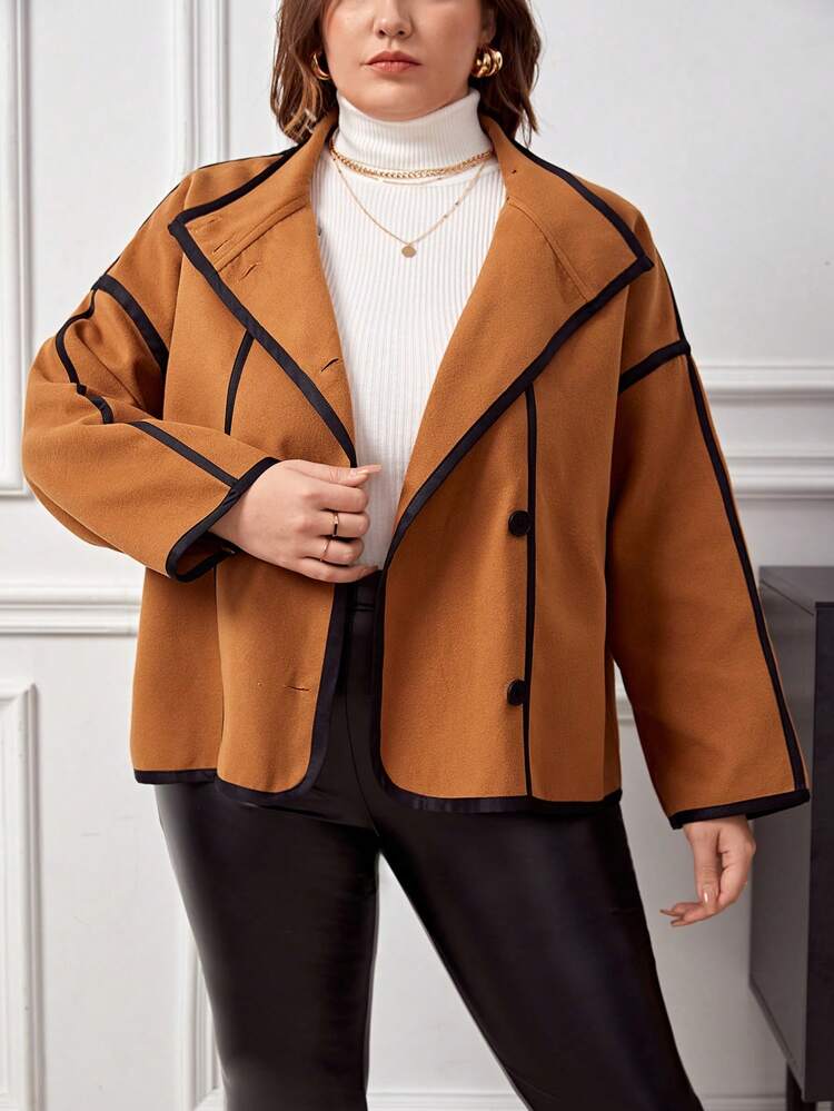 Plus Size Edge Seamed Drop Shoulder Woolen Coat