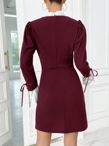 SHEIN Privé Vestido De Mujer Con Mangas Acampanadas, Color Bloque Y Cierre De Botón Único - Burdeos - Ver 2