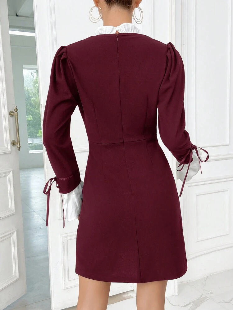 Women's Color Block Trumpet Sleeve Single Breasted Dress