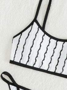 SHEIN Swim Women Bikini Sets Contrast Binding Striped - Hitam dan Putih - View 7