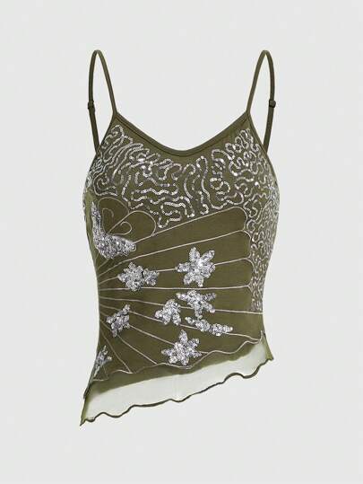 Fairycore Top De Tirantes Asimétricos Con Bordado De Lentejuelas Y Dobladillo Irregular Para Mujeres