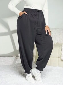 SHEIN CURVE+ 大碼束口腰側口袋束腳運動褲 - 深灰色 - 查看 5