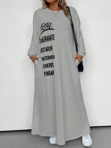 SHEIN LUNE Của phụ nữ Kích thước lớn Thả vai In Khẩu hiệu Lót nhiệt Đầm - Xám - Xem 3