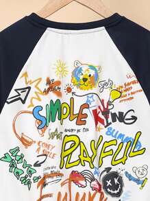 SHEIN 少年男童寬鬆休閒圓領佩戈蘭袖和字母印花運動衣 - 彩色 - 查看 3