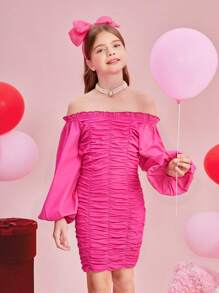SHEIN Tween Girls' Knitted Solid Color Off Shoulder Dress With Ruched For Elegant Look
