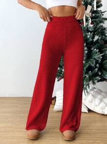 SHEIN EZwear 高腰直筒針織褲 - 紅色 - 查看 3