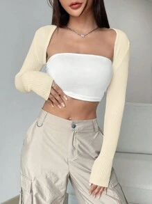 Muchica 超短實色細肋針織開衫毛衣 - 杏色 - 查看 4