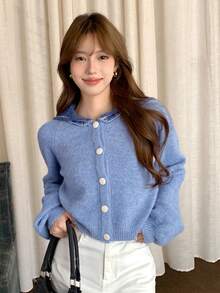 Dazy Designer Của phụ nữ Cổ thuỷ thủ Thả vai Nút Lên Áo len Mở - Màu xanh lam - Xem 4