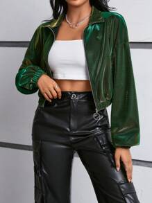 SHEIN EZwear سترة نسائية بألوان صلبة وسحاب من الأمام - أخضر - مشاهدة 5