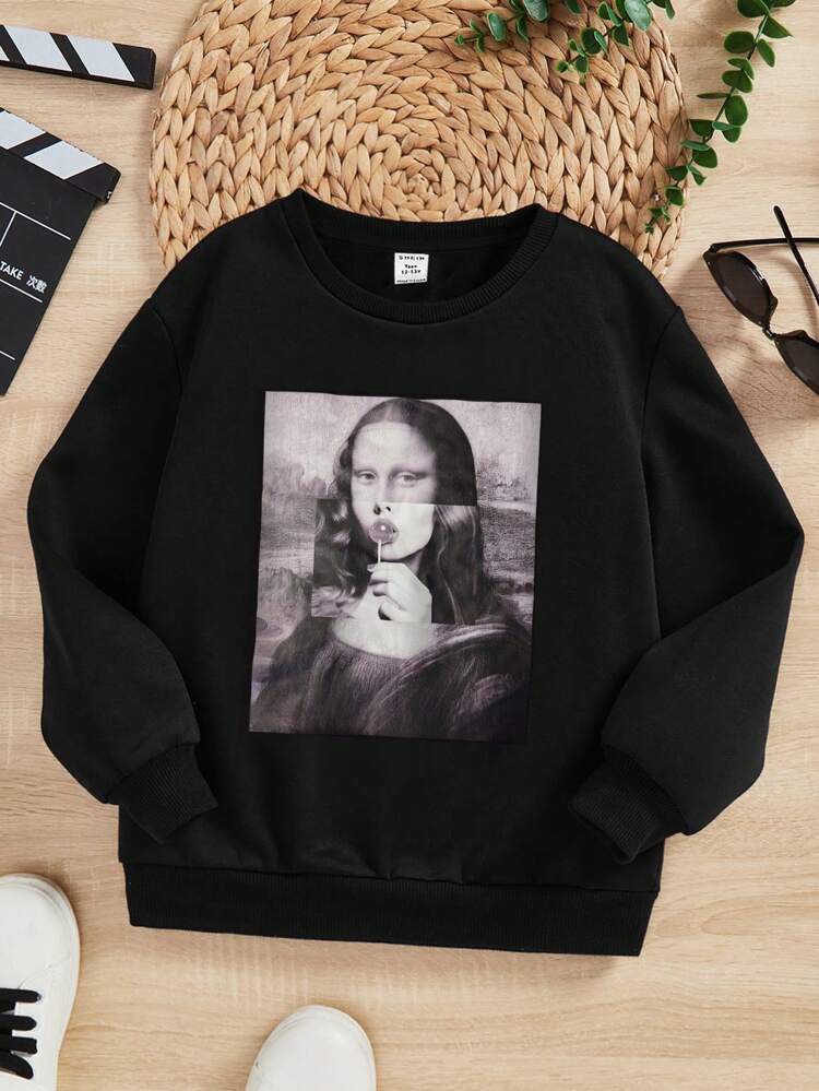Teen Girls Casual Portrait Graphic Crew Neck Long Sleeve Sweatshirt, Suitable For Autumn/Winter