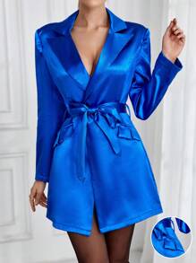 SHEIN Privé Ladies' Lapel Belted Blazer - Blue - View 1
