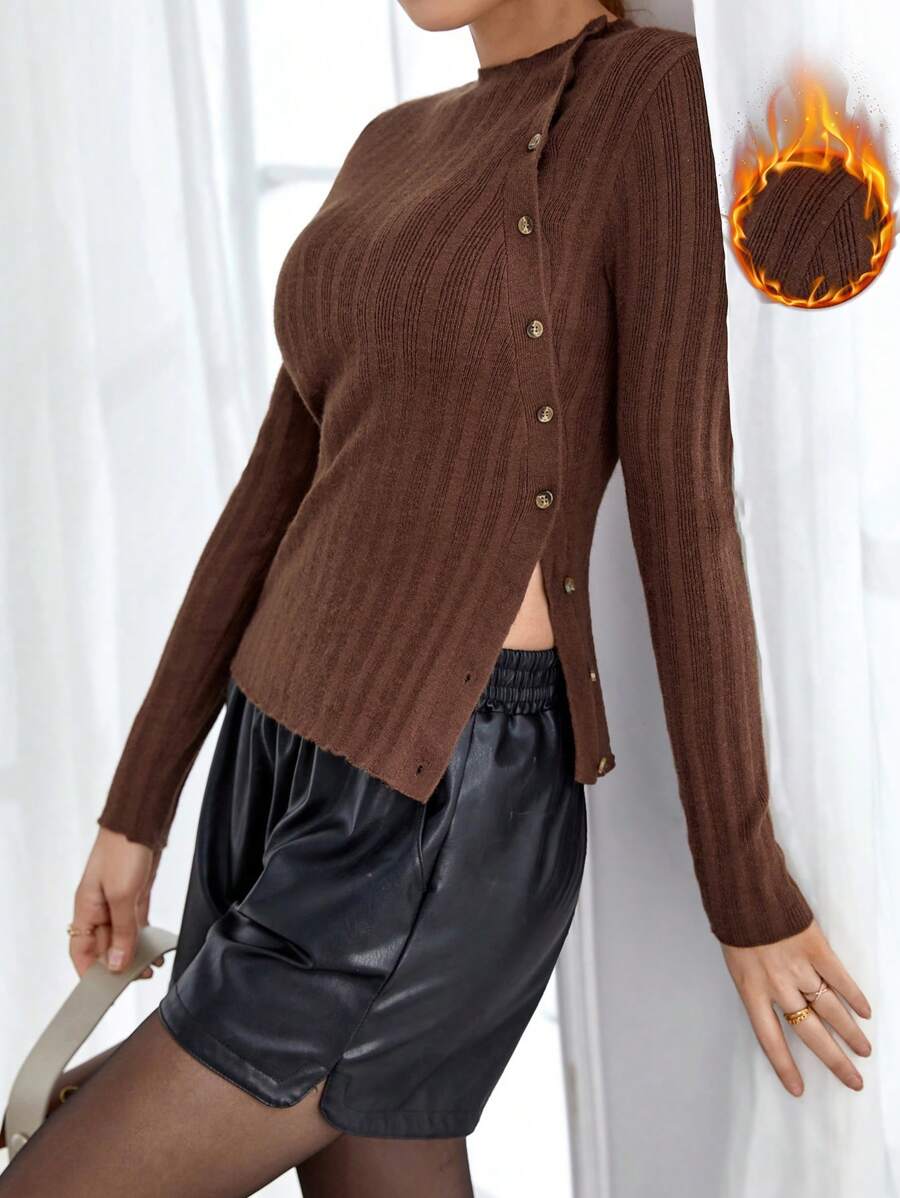 SHEIN Privé Suéter De Botones De Un Solo Color - Marrón - Ver 1