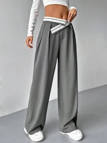 SHEIN EZwear 拼色階梯腰西裝褲 - 灰色 - 查看 3