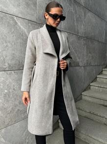 RueChic Ladies' Woolen Coat With Large Lapel & Chevron Pattern - Beige - View 3