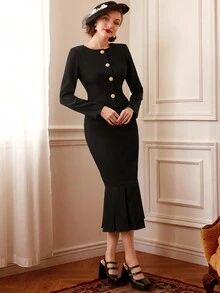 SHEIN DECDS Button-Up Jacket And Fish Tail Hem Skirt Set - Black - View 4