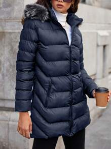 EURMUSE Women'S Hooded Padded Parka Jacket With Collar - Navy Blue - View 4