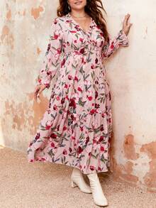 SHEIN Franclia Kích thước lớn Của phụ nữ In hoa Nhiều lớp Xù Hoa Sen Đầm - Nhiều màu - Xem 4