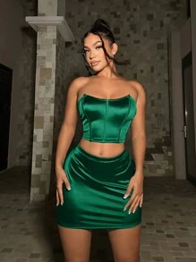 SHEIN SXY Satin Crop Top & Skirt Set - Dark Green - View 1