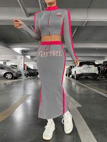 SHEIN PETITE Conjunto De Top Corto Y Falda Para Mujer Con Impresión De Letras Y Bloque De Color - Multicolor - Ver 5