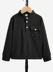 SHEIN 男童休閒鈕扣披肩恤衫,帶口袋,半開領 - 黑色 - 查看 1