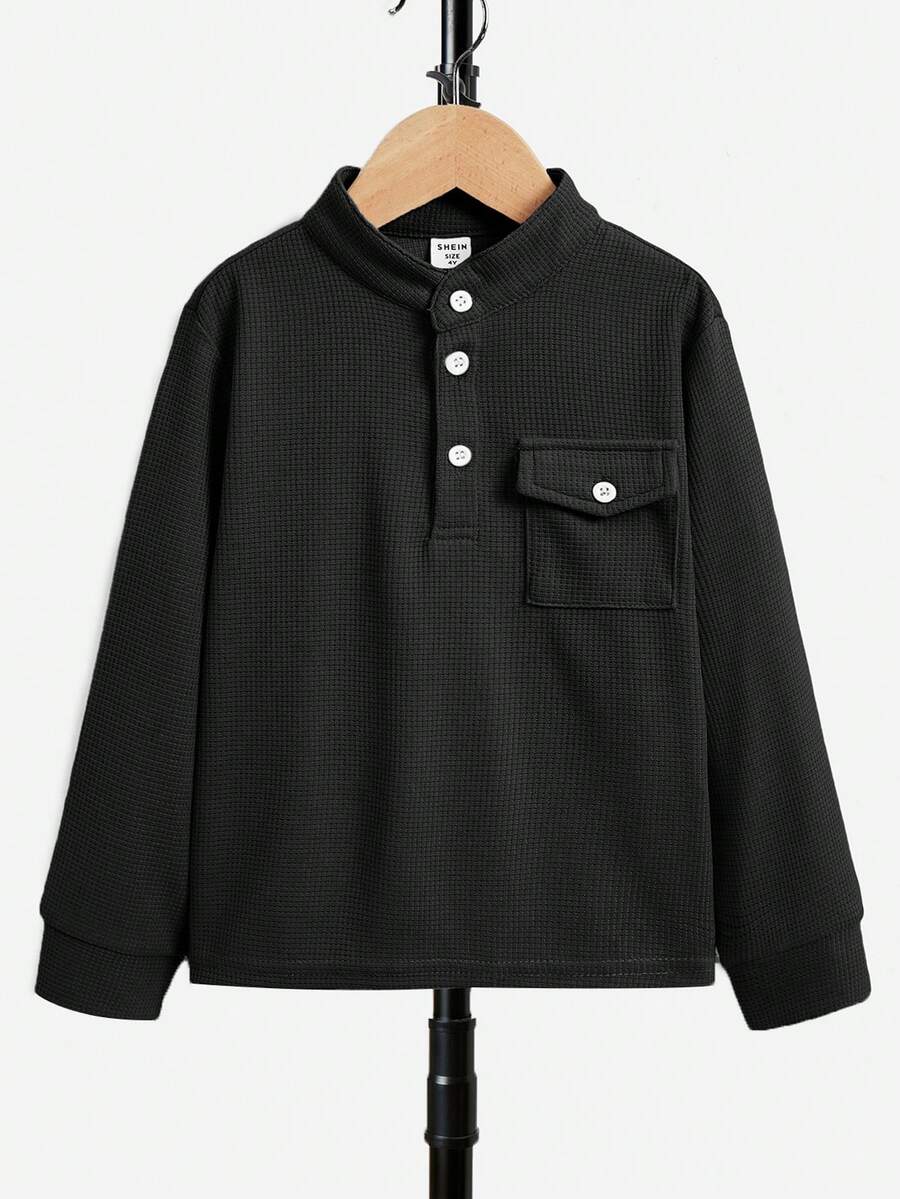 SHEIN 男童休閒鈕扣披肩恤衫,帶口袋,半開領 - 黑色 - 查看 1
