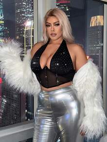 Women's Plus Size New Years Mesh Splice Halterneck Top With Rhinestone Decor - Black - View 6