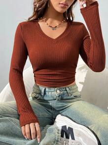 SHEIN EZwear Women's V-neck Long Sleeve Ribbed Knit T-shirt - Brown - View 1