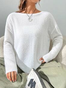 SHEIN EZwear Women's Solid Color Drop Shoulder T-shirt - White - View 3