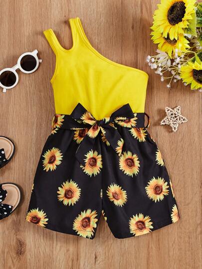 SHEIN Young Girl Everyday Casual Knit Asymmetrical Neck Sun Flower Print Romper