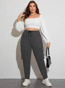 大尺寸斜口袋抽繩腰工人牛仔褲 - 灰色 - 查看 4