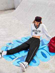 Street Sport Của phụ nữ Eo đàn hồi Paneled Đường may bên Có chân Theo dõi Quần - màu đen - Xem 3