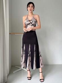 EastFlair New Chinese Style With Bamboo Print And Designed Buckle Halter Top - Apricot - View 3