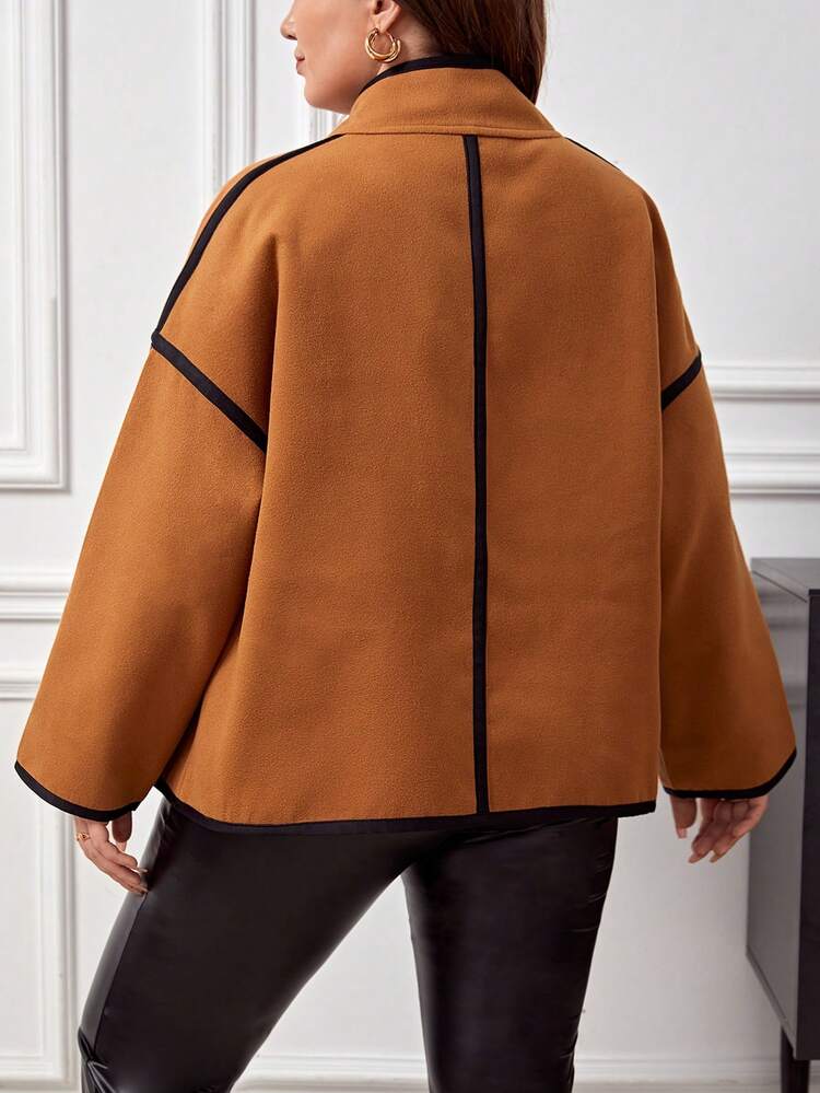 Plus Size Edge Seamed Drop Shoulder Woolen Coat