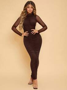 SHEIN Privé Women's Pleated Mesh Sheer Bodycon Dress - Chocolate Brown - View 4