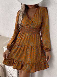 SHEIN LUNE 滿版印花交疊領荷葉邊洋裝 - 彩色 - 查看 5