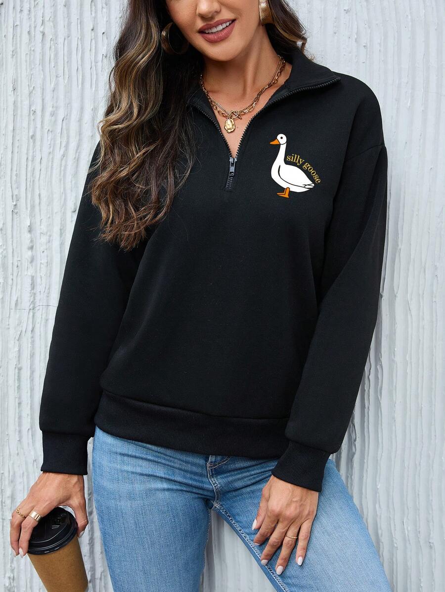 SHEIN LUNE 女士字母印花拉鍊式半扣衛衣 - 黑色 - 查看 1