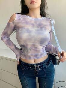 Dazy Designer 女式縫染剪裁短款上衣,肩部中空雕花設計 - 紫色 - 查看 5
