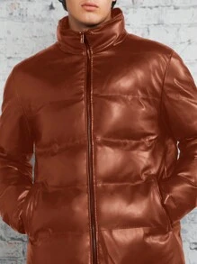 Manfinity VCAY Loose Fit Men's Casual PU Leather Warm Jacket, For Fall Winter