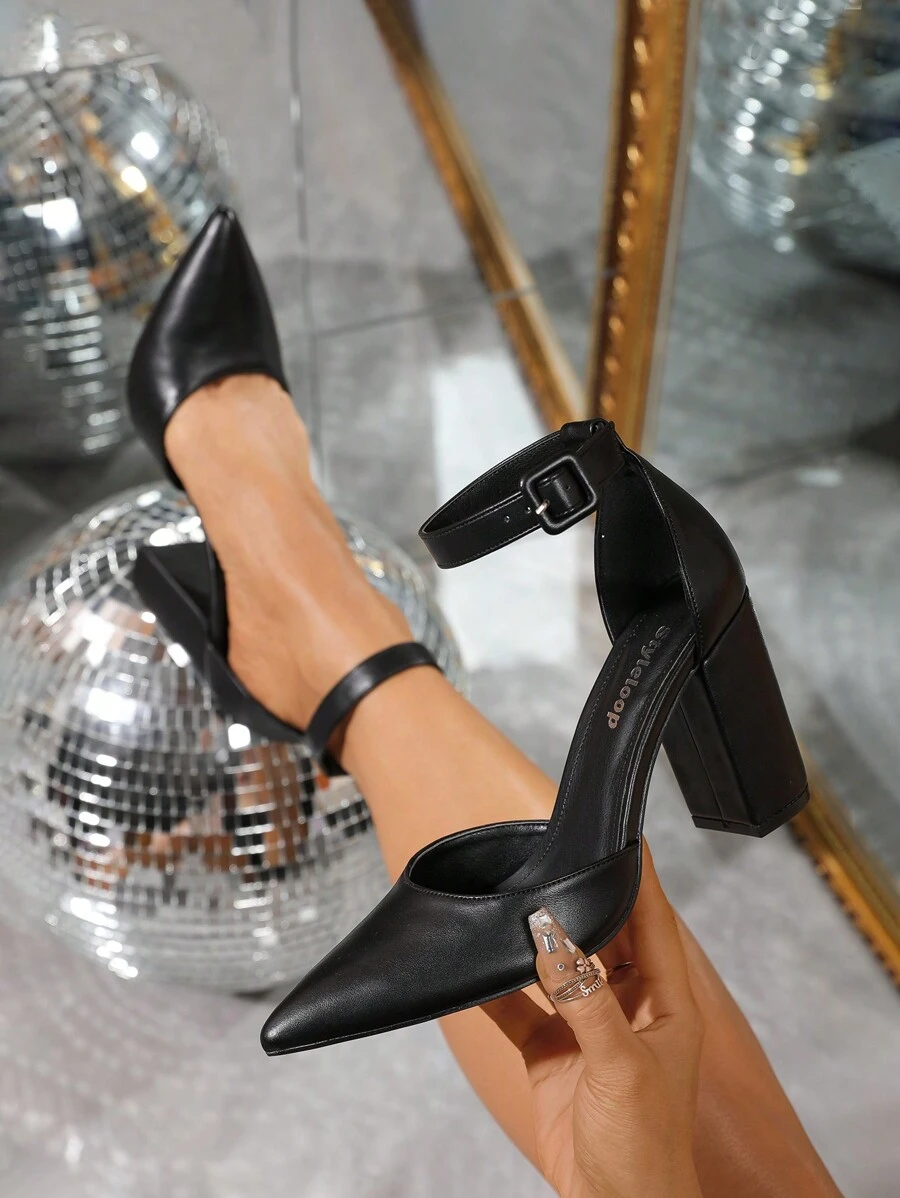 Tối giản Pointed Toe Dày Gót chân Dép Quai Quai Mắt Cá Chân / Pointed Toe Xu hướng: Cắt giảm Dây đeo mắt cá chân Giày cao gót - màu đen - Xem 1
