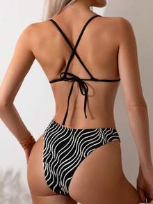 Women's All Over Print Bikini Set Summer Beach - Black and White - View 2
