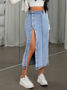 SHEIN ICON 女性高衩口牛仔裙