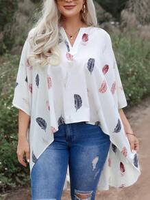 SHEIN LUNE 大尺碼女用羽毛印花高低下擺襯衫 - 白色 - 查看 1