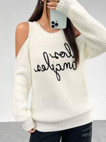 SHEIN EZwear Women's Open Shoulder Sweater With Letter Embroidery - White - View 1