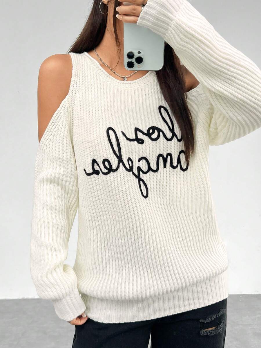 SHEIN EZwear Women's Open Shoulder Sweater With Letter Embroidery - White - View 1