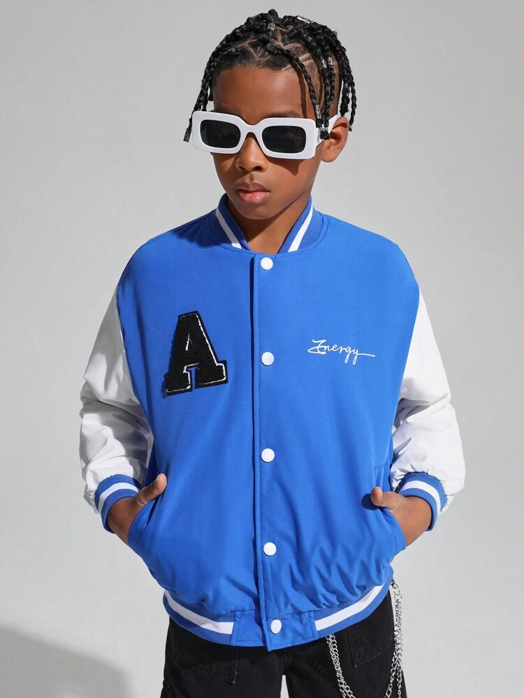 Tween Boys' Casual Letter Patch Thermal Lined Baseball Collar Cardigan Thick Warm Woven Jacket