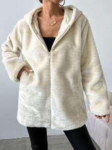 EURMUSE Zipper Closure Hooded Fuzzy Jacket - Beige - View 4